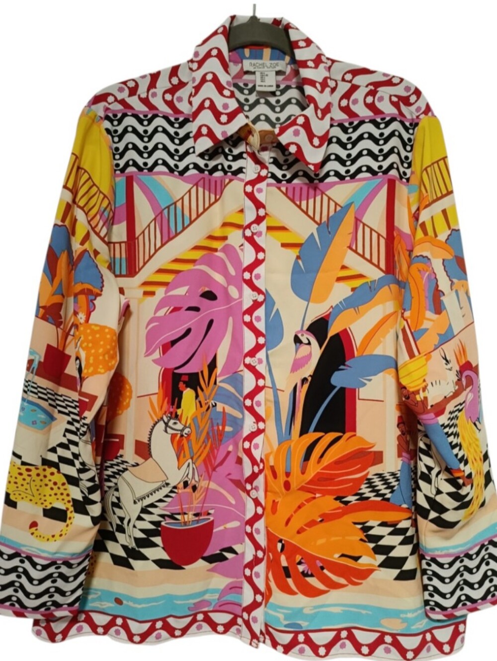 Rachel Zoe Vibrant Tropical Print Button-Front Blouse - Pink, Yellow, Blue